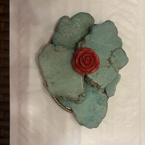 Turquoise Stone Brooch with Red Rose